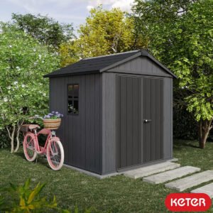 Keter 7.5′ x 7′  Newton Plus Front Entry Plastic Shed – Dark Grey