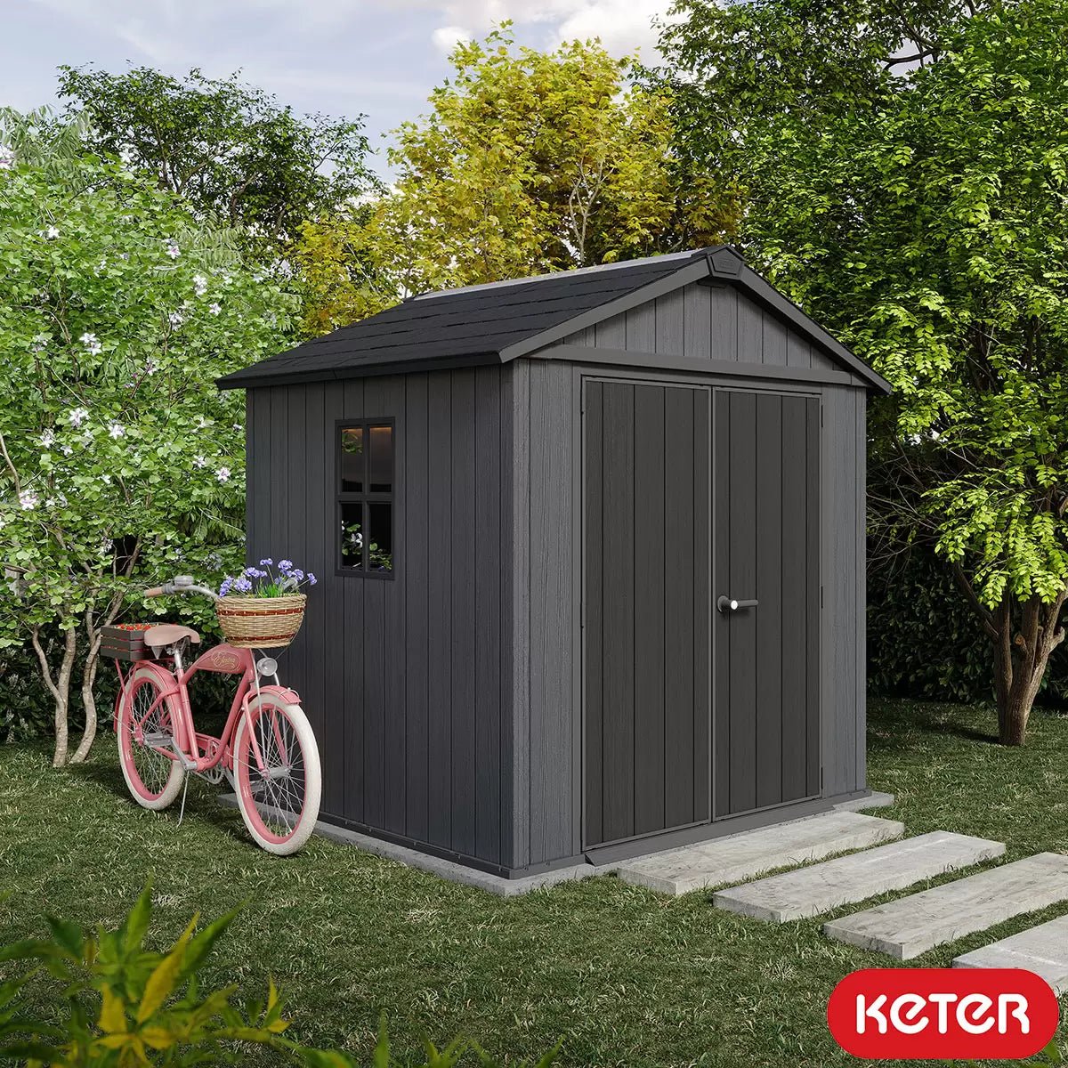 Keter 7.5′ x 7′ Newton Plus Front Entry Plastic Shed – Dark Grey