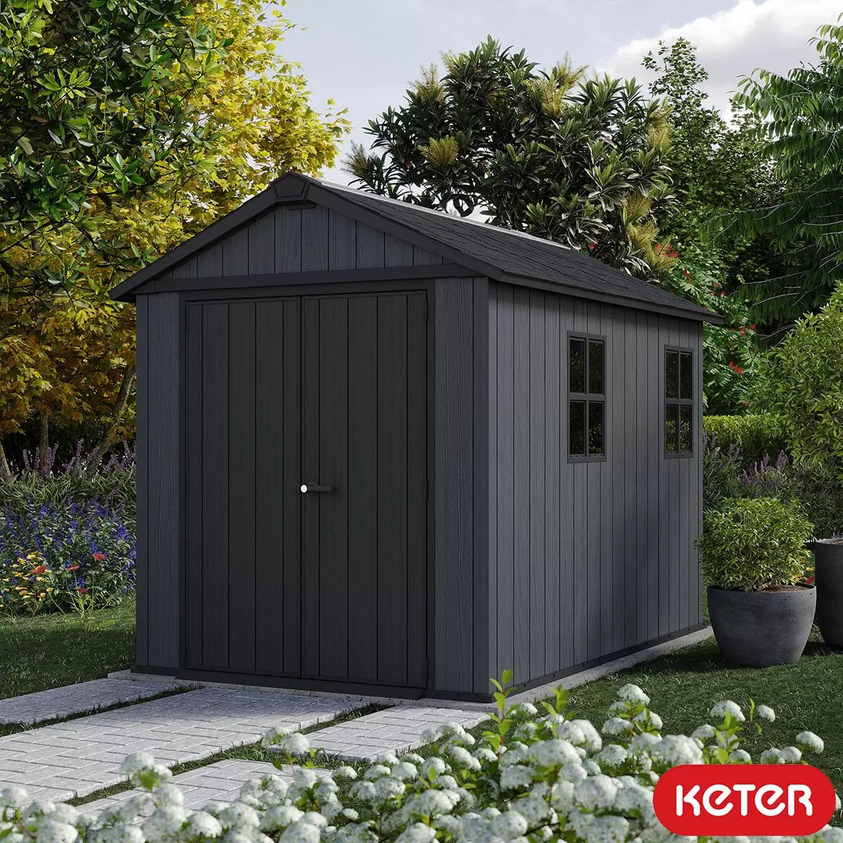 Keter 7.5’x9′ Newton Plus Front Entry Plastic Shed – Dark Grey - Image 2